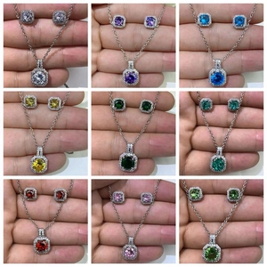 Fashion Copper Inlaid Zirconia Square Halo Pendant Necklace Earring Jewelry Set Geometric Colorful Gemstone Women Accessory