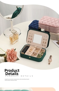 Detail view of multi-layer velvet jewelry box with quilted lid and vanity mirror storage