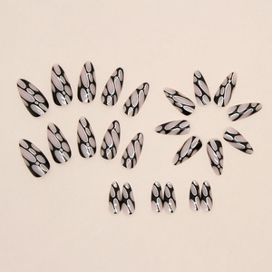 Chic black almond press-on nails with golden wire bubble art and abstract patterns