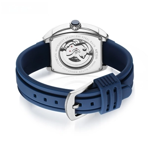 Men's automatic mechanical watch with silver steel case and blue silicone strap