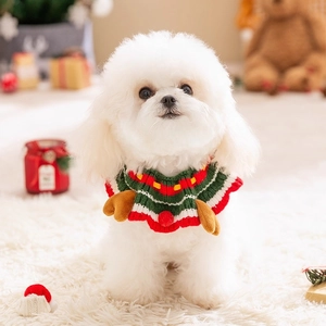 Festive Christmas knit dog scarf with yellow antlers and red pompom for small pets