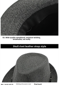 Close-up of wide sweatband and stitching details on charcoal gray wool fedora hat