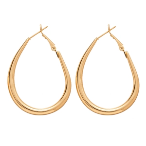 Minimalist golden teardrop hoop earrings with polished metal finish in oval geometric style