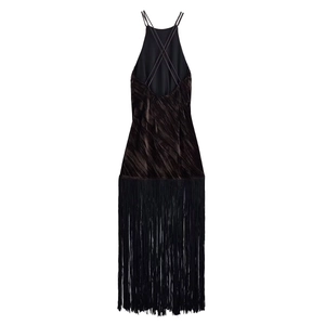 Elegant black velvet sleeveless dress with stylish long tassel fringe hem and backless design