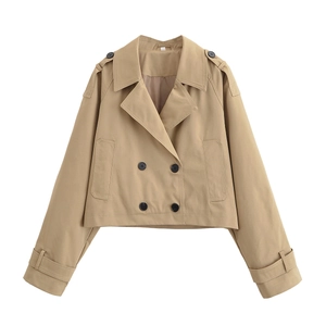 Short khaki double-breasted trench coat with shoulder epaulets and sleeve straps for women