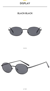 Detailed views of vintage oval hip-hop sunglasses with black metal frame and dark lenses