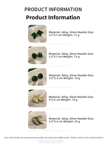 Detailed chart of green enamel geometric earrings with sizes and weight specifications