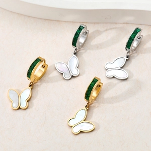 Elegant gold and silver butterfly hoop earrings with emerald green zircon and shell charms