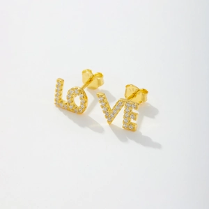 Elegant gold S925 sterling silver LOVE stud earrings with sparkling pavé diamonds