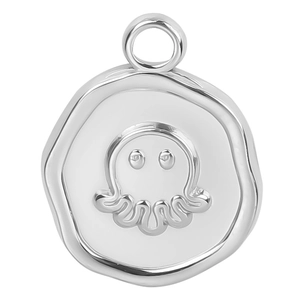 Detailed view of silver octopus pendant with irregular wavy edges and 18k vacuum plating