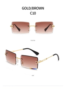 Detailed front and side views of gold rimless rectangle sunglasses with brown gradient lenses
