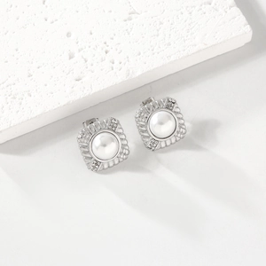Elegant square pearl stud earrings with paved crystals on polished steel frame