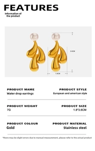 Detailed view of water drop earrings with pearls and 18K gold plated stainless steel