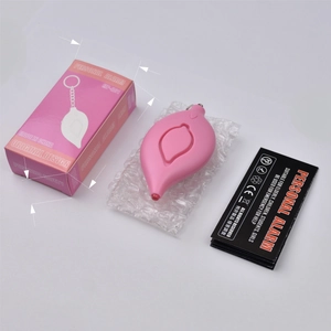Pink leaf-shaped personal alarm MP-A01 with packaging, manual and size dimensions