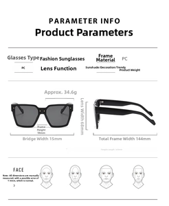 Detailed size chart for oversized PC sunglasses showing frame width and lens measurements