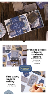 Macro detail of vintage stickers with gold foil stamping for journaling decoration