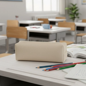 Minimalist cream-colored PU leather pencil case on a classroom desk with stationery