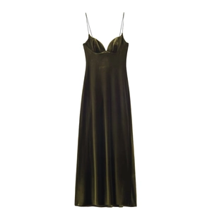 Robe Maxi En Velours À Fines Bretelles Pour Femmes Col Cœur Fermeture Éclair Dos Élégante Couleur Unie Vert Olive