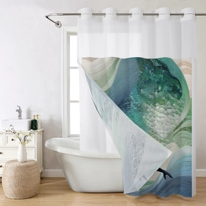 Detail of waterproof shower curtain featuring abstract blue ocean waves and metal grommets