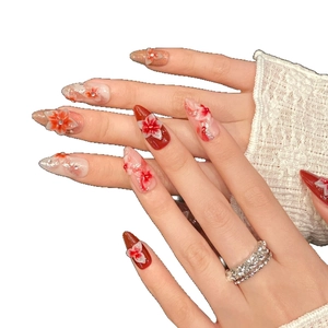 3D floral relief press-on nails in burgundy and nude gradient with silver glitter