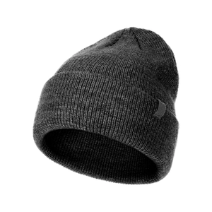 Close-up detail of dark grey knitted winter hat showing fine texture and thick material