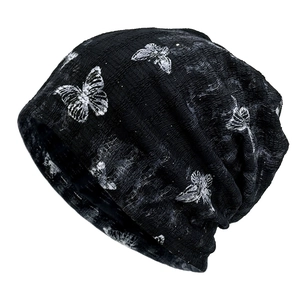 Japanese style black wrinkled beanie with white butterfly prints for a vintage street look