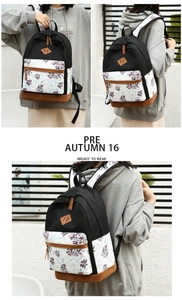 Detailed views of the floral backpack with suede bottom and matching padded shoulder straps