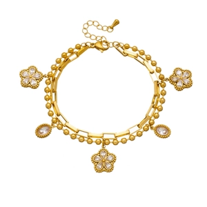 Double-layer gold plated stainless steel bracelet with crystal flower pendants and lobster clasp