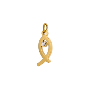Macro detail of gold fish charm with clear crystal eye for DIY jewelry making