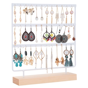 Three-tier white iron earring organizer stand with wooden base for jewelry display