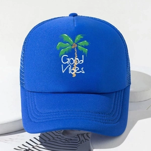 Blue trucker hat with palm tree print and Good Vibes text on white display stands