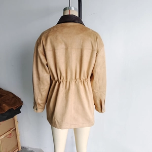 Back view of long faux suede jacket in camel with drawstring waist and contrast collar