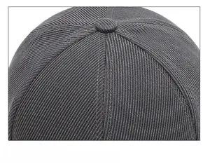 Close-up of the dark grey baseball cap showing twill fabric texture and top button detail