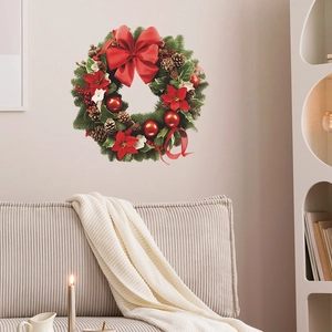 Sticker Mural Couronne De Noël PVC Auto Adhésif Aiguille De Pin Nœud Rouge Décoration Maison Décalcomanie Fenêtre