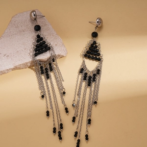 Gothic geometric chain tassel earrings with black beads and silver needles design