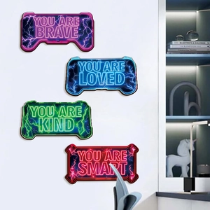 4Pcs Gaming Controller Wooden Hanging Signs Neon Style Motivational Wall Decor Brave Kind Loved Smart For Game Room