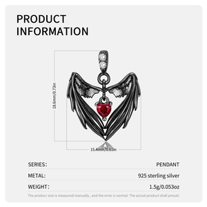 925 sterling silver heart wings pendant with red gemstone and size dimensions