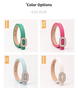 Detail of four colorful leather belts with elegant pearl and rhinestone buckles