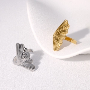 Adjustable 18K gold plated stainless steel ginkgo leaf ring set in gold and silver finish