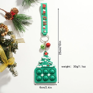 Green Christmas tree pop-it keychain with dimensions 25cm by 6cm and pine cone decor