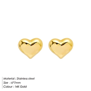 Detailed view of 14K gold plated stainless steel heart stud earrings sized 6x7mm