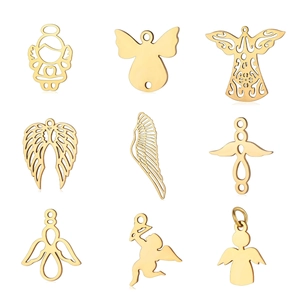 Set of nine golden stainless steel angel and cupid charms with intricate wing designs