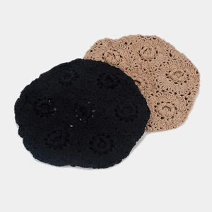 Hollow crochet knit beret for women with 3D floral pattern in black and khaki