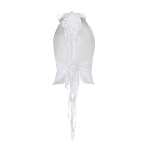 Back view of a white halter neck top featuring elegant ruffles and an open back design