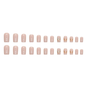 Short square press-on nails in nude pink with golden V-lines and crystal rhinestones