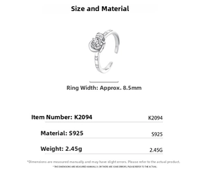 Size chart for S925 sterling silver rose ring with zircon inlay showing 8.5mm width detail