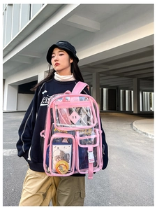 Zaino in PVC rosa trasparente e impermeabile con tasche multiple indossato da una modella