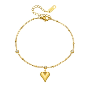 Gold plated stainless steel heart pendant bracelet with sparkling zircon stones