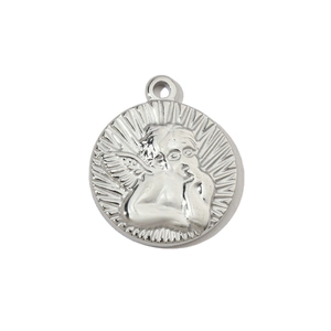 Detailed view of silver stainless steel round pendant with embossed angel motif relief
