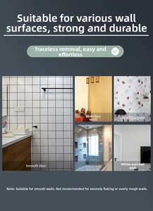 Black adhesive hooks for curtains shown on tile wood wallpaper and glass surfaces